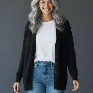 BLACK CARDIGAN MELROSE CHIC Size XL Long sleeve button down soft rayon and nylon